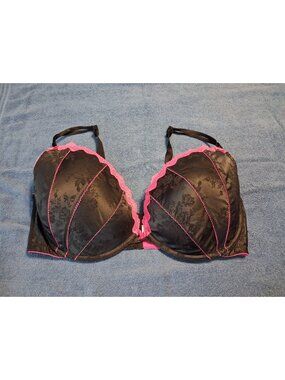 CACIQUE 44DDD Seriously Sexy Balconette Bra Black w pink Lace Trim Bows floral